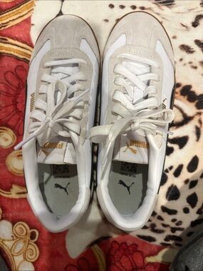 Puma White and Beige Suede-Trim Athletic Sneakers
